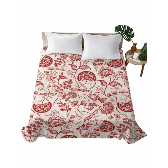 King Size Flat Sheet Only, Red Spring Floral Soft Brushed Microfiber Bed Sheets, Summer Botanical Farmhouse Hotel Quality Breathable Bedding Top Sheet, Easy Care, 105"x98"