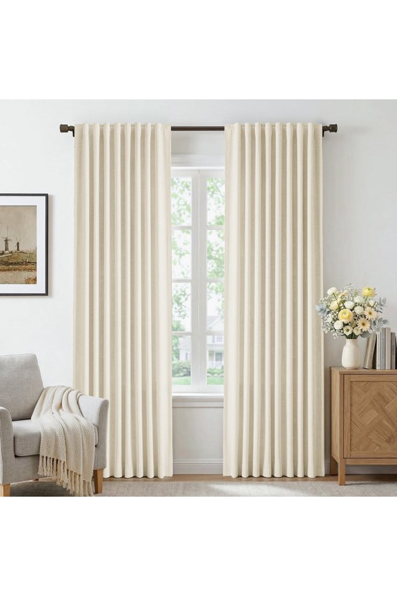 100% Blackout Curtains 2 Panels Set, 52 Inches Wide Faux Linen Thermal Insulated Light Blocking Drapes, Rod Pocket & Back Tab for Bedroom Living Room, Light Cream