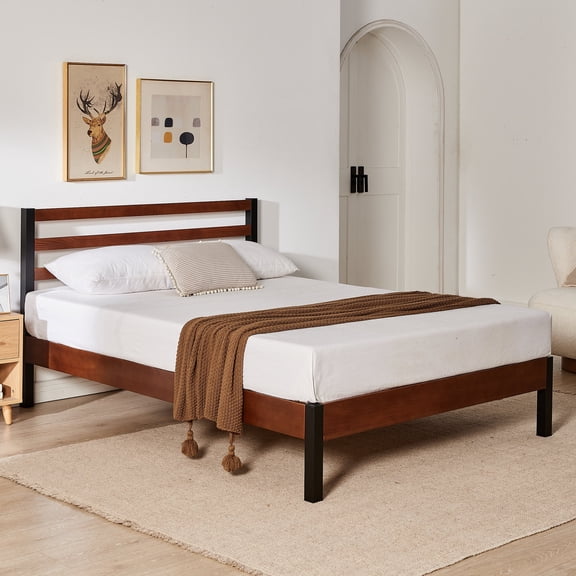 DeCoro Tilbury Queen Metal Platform Bed Frame with Headboard | Durable Steel Frame & Wood Slat for Long-Lasting Comfort | Sturdy Mattress Foundation | No Box Spring, Easy Assembly, Space Saving