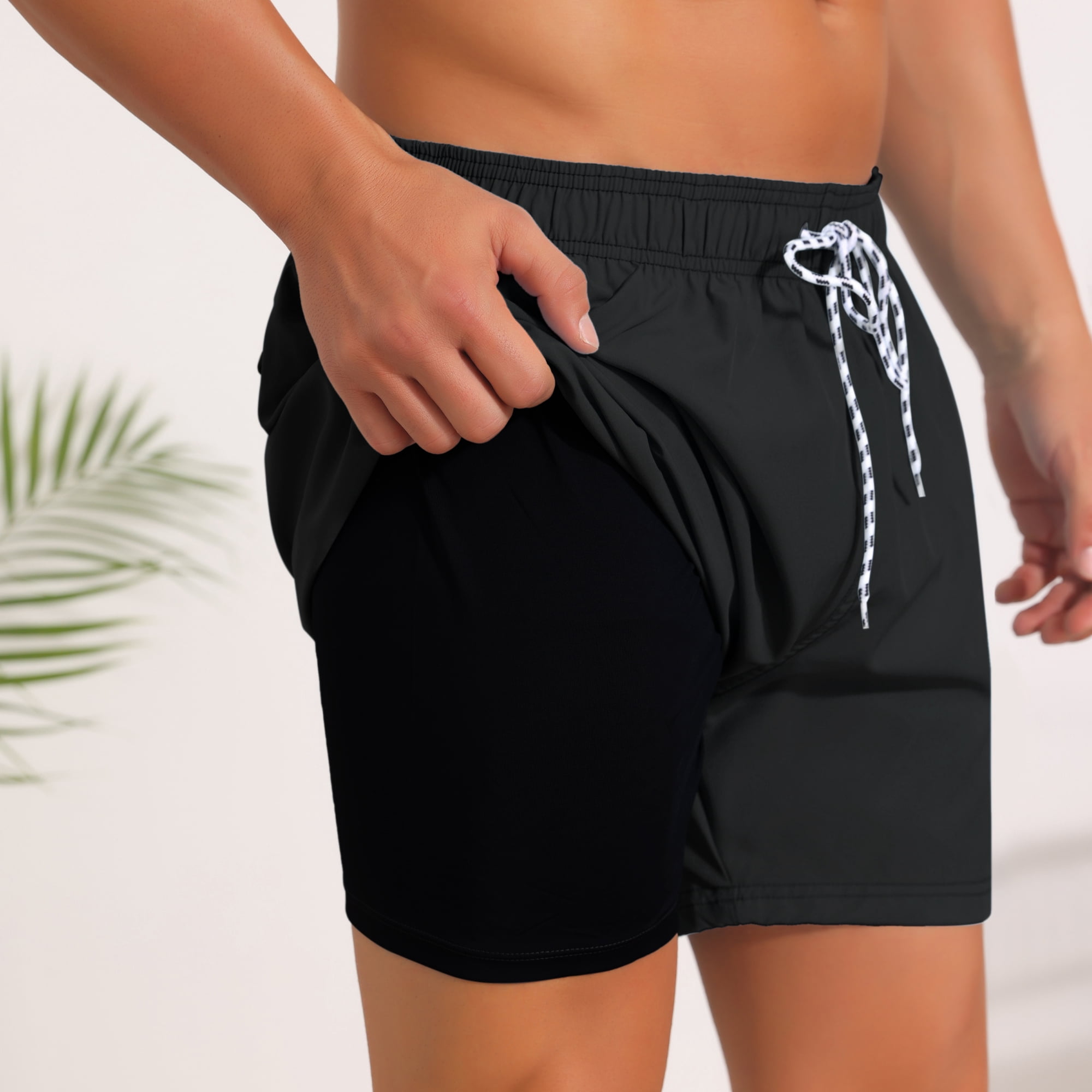 DARING DIVA Men's Board Drawstring Waist Stretch Liner Pool Beach Shorts 28 Black