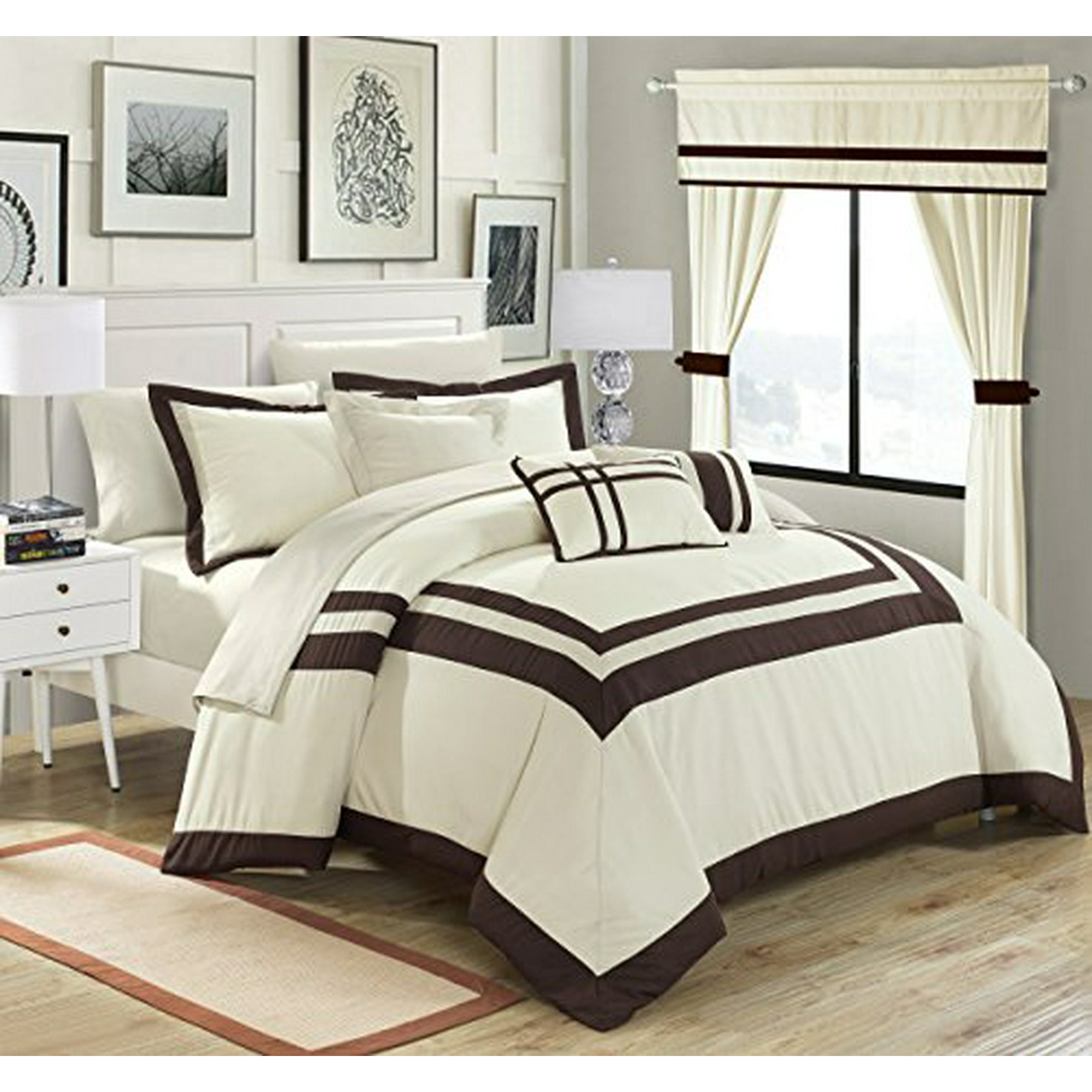 Chic Home Ritz 20 Piece Comforter Set Color Block Bed In A Bag With Sheets Curtains King Beige Canada Piece Comforter Set Color Block Bed, Bed In A Bag With Curtains King