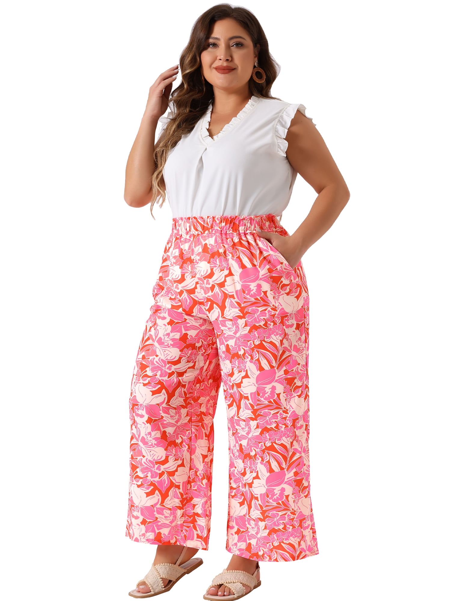 DARING DIVA Women's Plus Palazzo Pants Wide Leg Trousers with Pocket 2X Pink