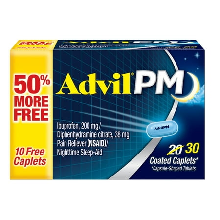 Advil PM Pain Reliever and Nighttime Sleep Aid, Ibuprofen for Pain Relief and Diphenhydramine Citrate for a Sleep Aid - 20+10 Coated Caplets