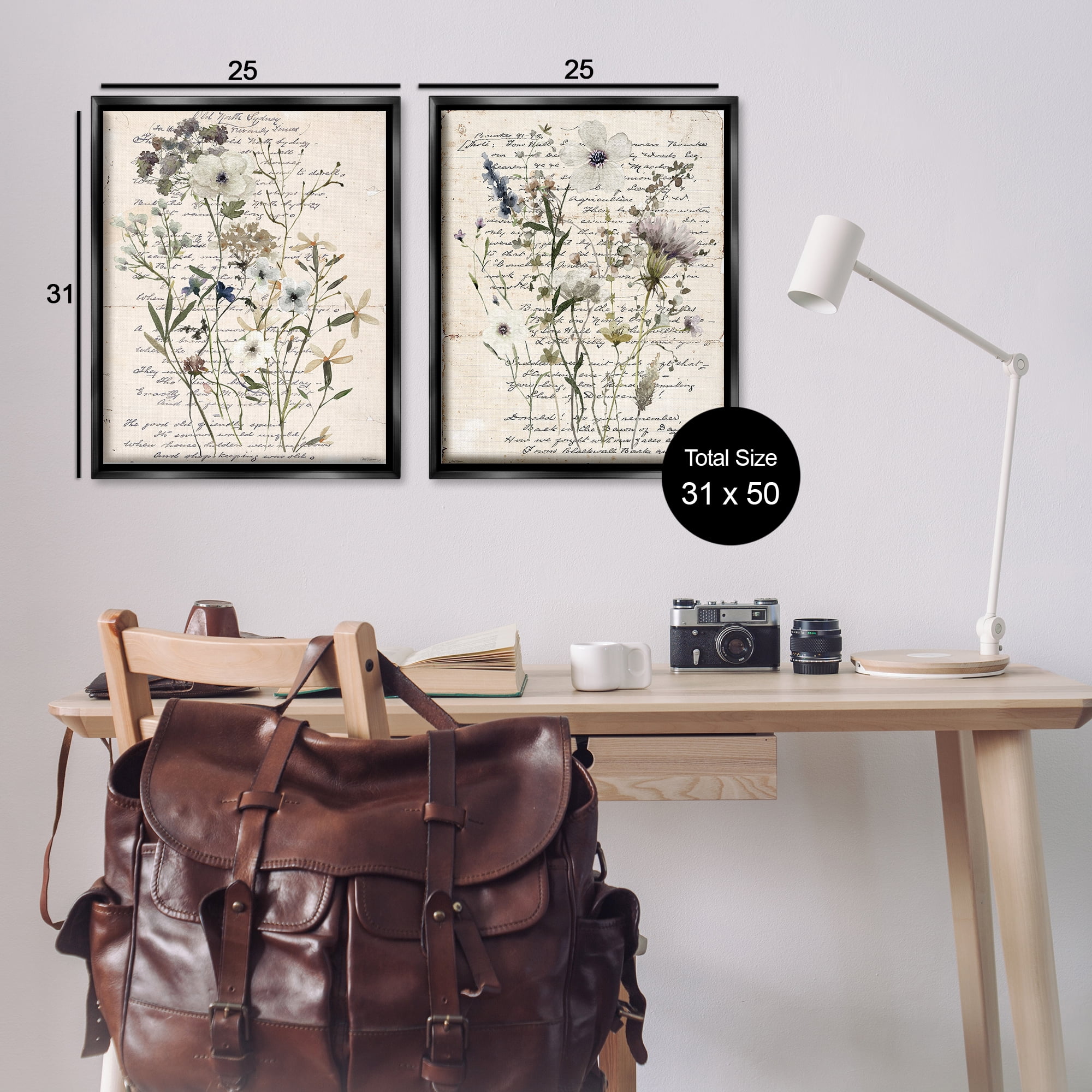 Stupell Industries Vintage Letters with Botanicals Plants & Flowers Painting Black Floater Framed Canvas Art Print Wall Art, 31 x 25, Set of 2