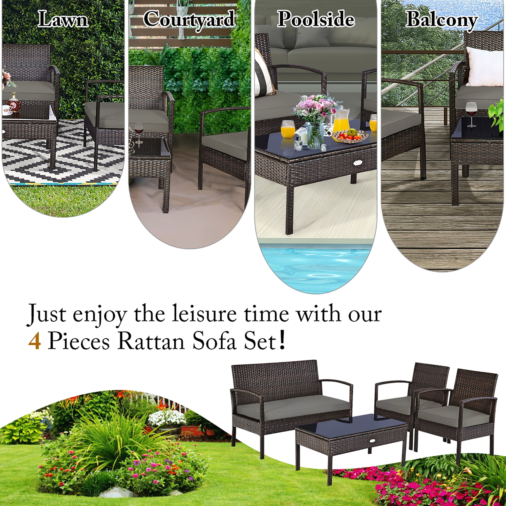 Costway 4PCS Patio Rattan Wicker Furniture Set Loveseat Sofa Cushioned Garden Yard Brown