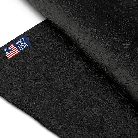 Tooled Faux Leather Western Cowboy, Floral Embossed Vinyl, Craft DIY and Upholstery Textured PU Pleather Fabric - Cut by The Yard (Black)