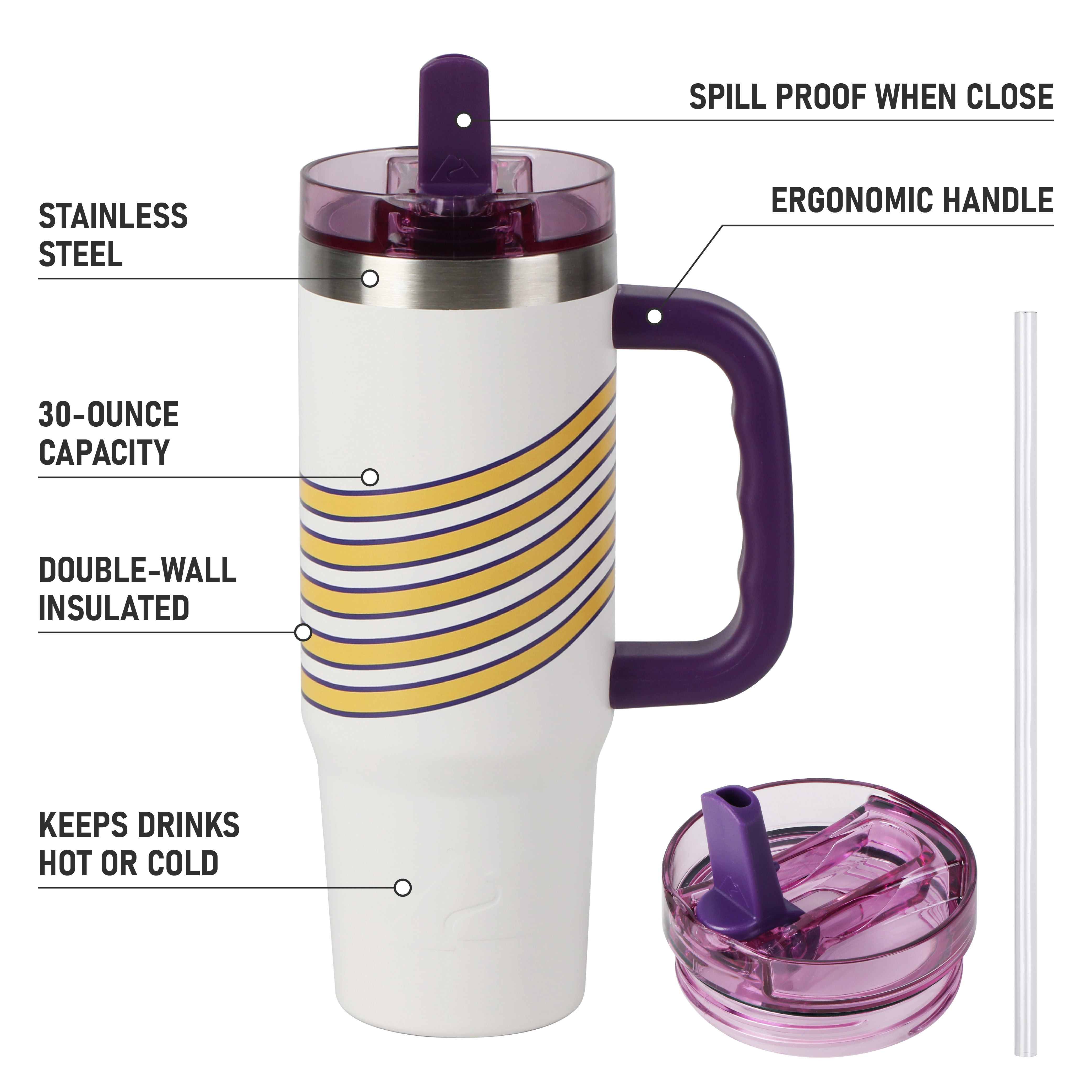 Ozark Trail 30 oz Stainless Steel Insulated Tumbler with Handle, White with Purple and Yellow Varsity Stripes