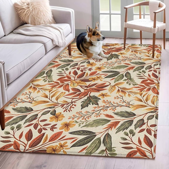 Area Rug for Living Room, Fall Leaves Non-Slip Indoor Large Carpet for Bedroom/Dining Room, Farmhouse Retro Botanical Floral Washable Low-Profile Rectangle Floor Mat Runner Rugs - 2.7 x 5 Ft