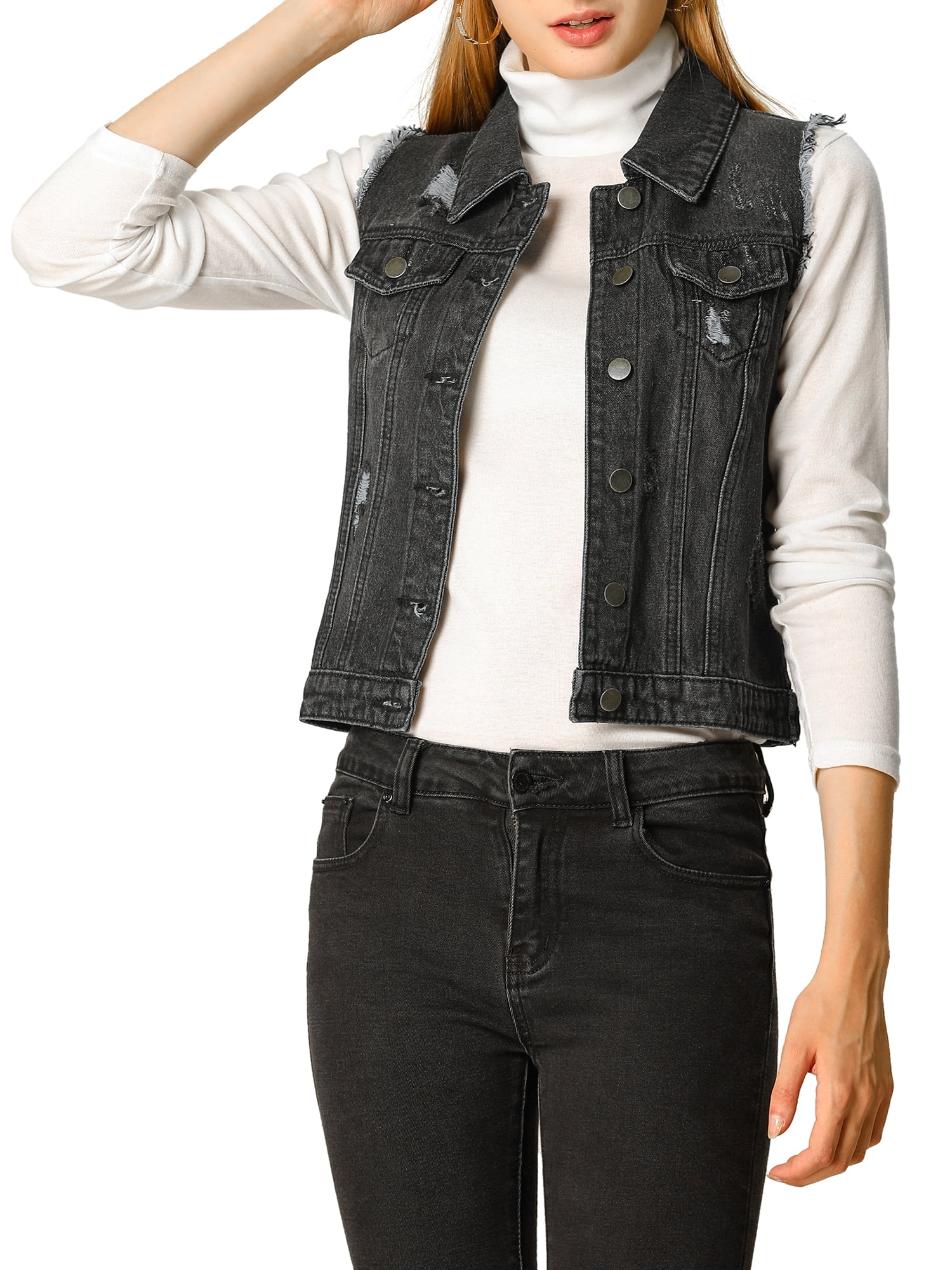 DARING DIVA Women's Denim Vests Collared Washed Distressed Jean Vest XL Black