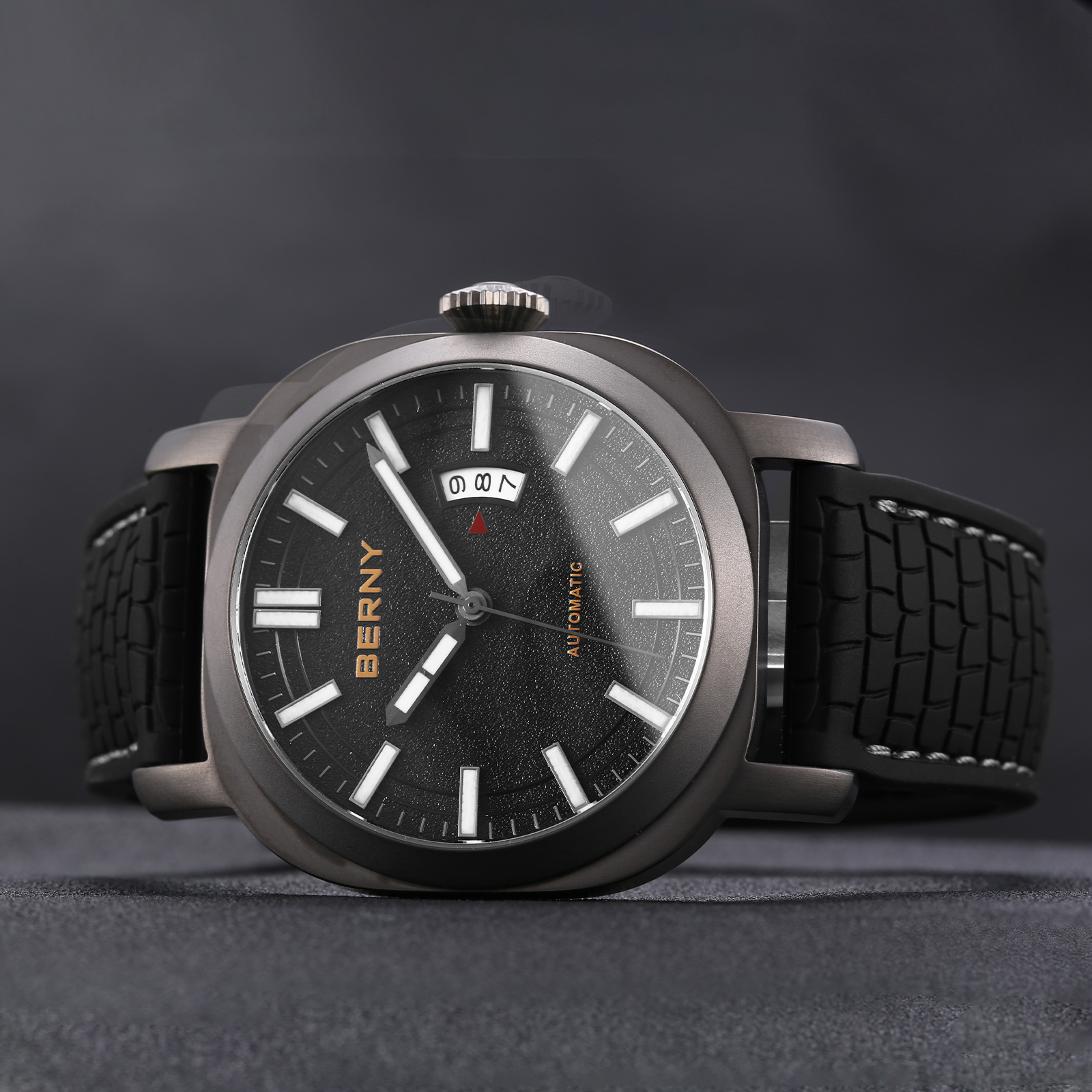 BERNY Automatic Watch for Men, Sport 10ATM Waterproof Mechanical Watch with Silicone Strap, Date Calendar, Super Luminous, Sapphire Glass, Fashion Men's Diver Wristwatch, Black