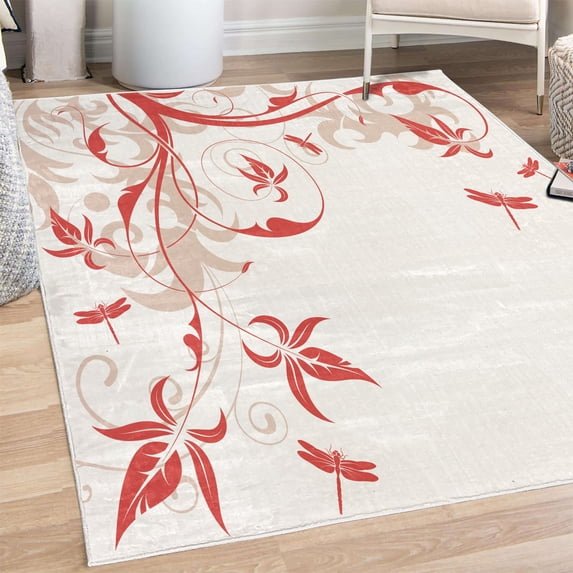 Dragonfly Decorative Rug, Swirled Floral Background Damask Curl Branches and Leaves Print, Quality Carpet for Bedroom Dorm and Living Room, 6 Sizes, Dark Pink, by Ambesonne