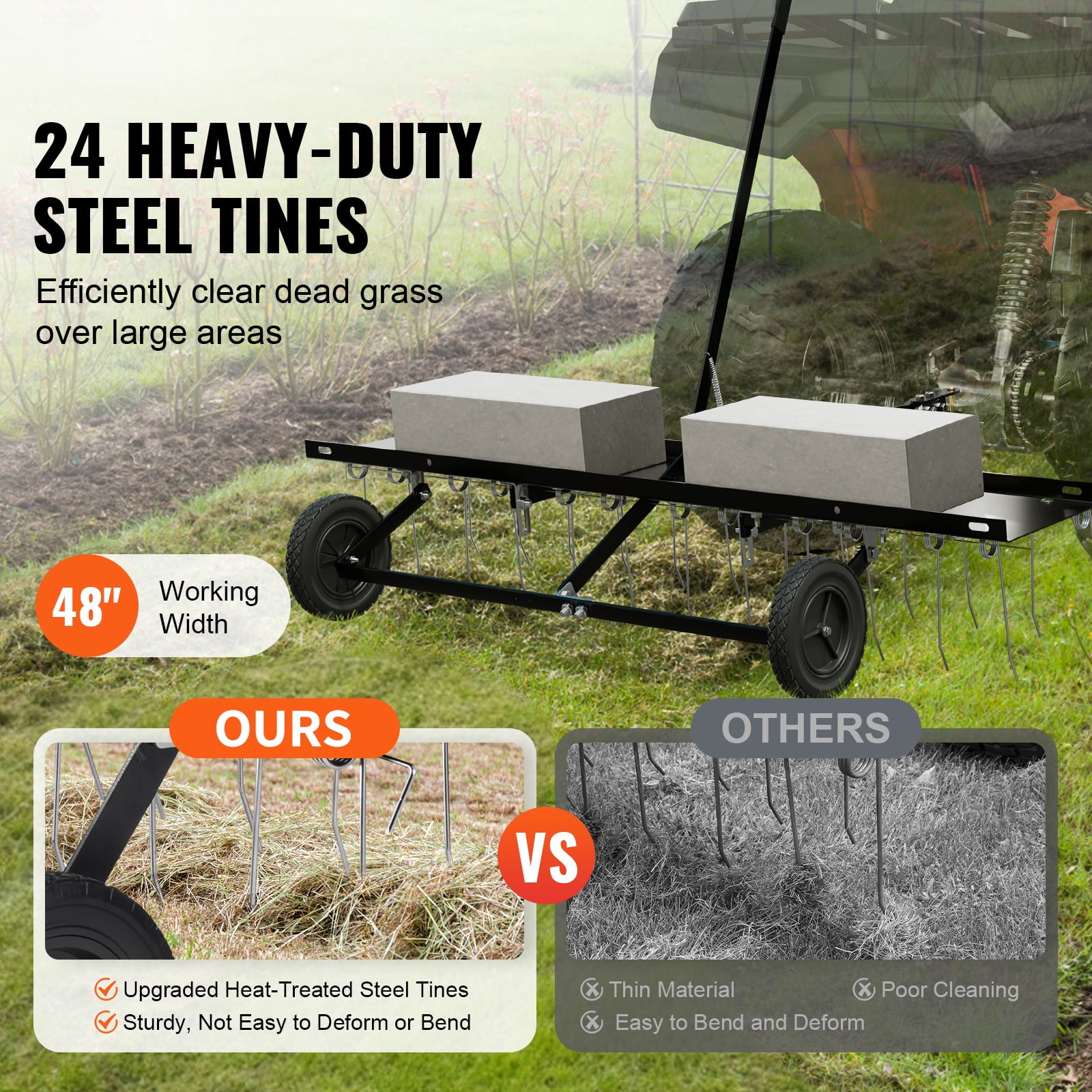 KFFKFF Towable Dethatcher, 48" Width with 24 Durable Spring Tines, Ideal for ATV or Lawn Mower Use, Garden and Lawn Rake with Easy Lift Handle for Efficient Grass Maintenance