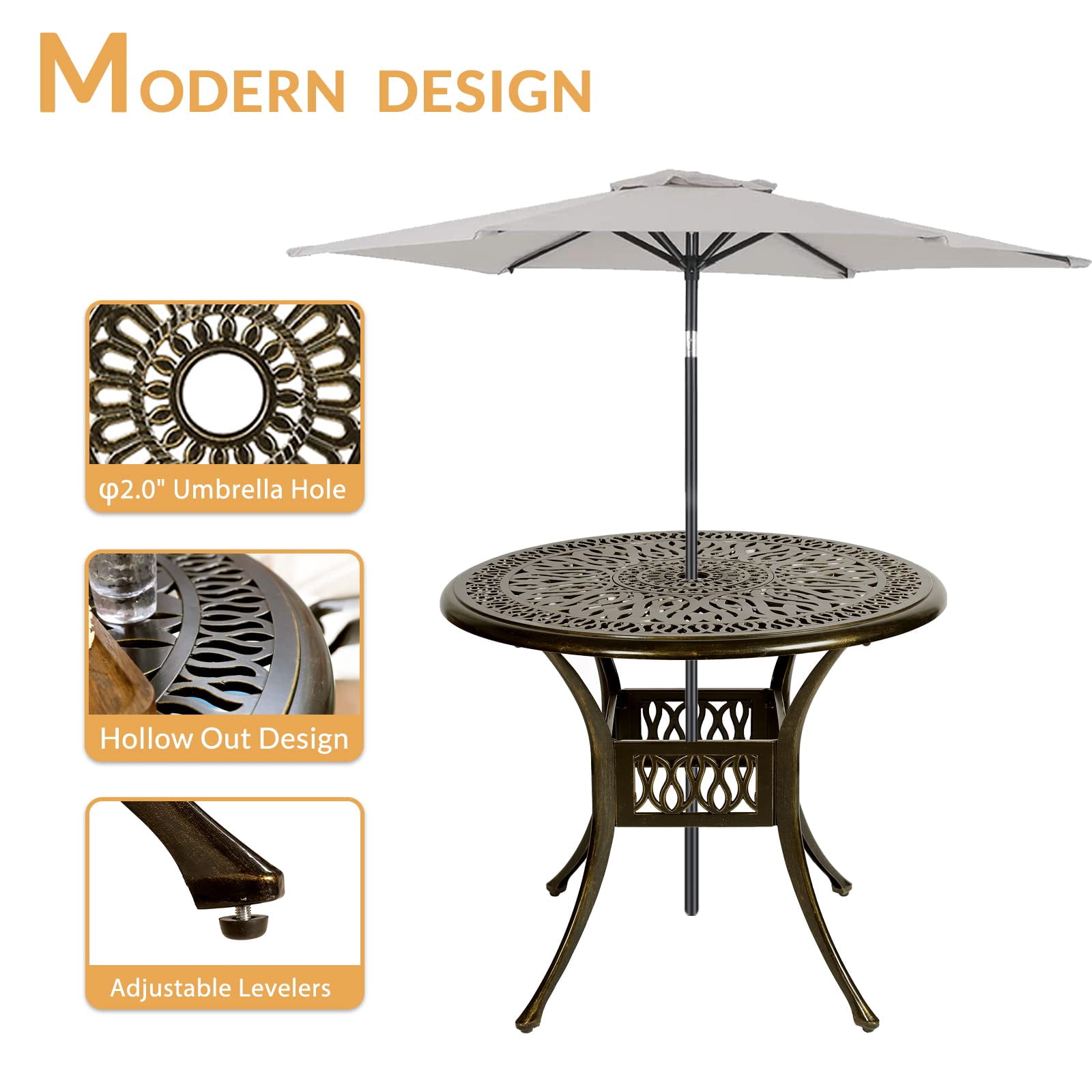 W WARMHOL 5-Piece Outdoor Patio Dining Set, All-Weather Cast Aluminum Patio Furniture Set for Backyard Garden Deck with 4 Chairs and 35.4” Round Table, 2.2" Umbrella Hole