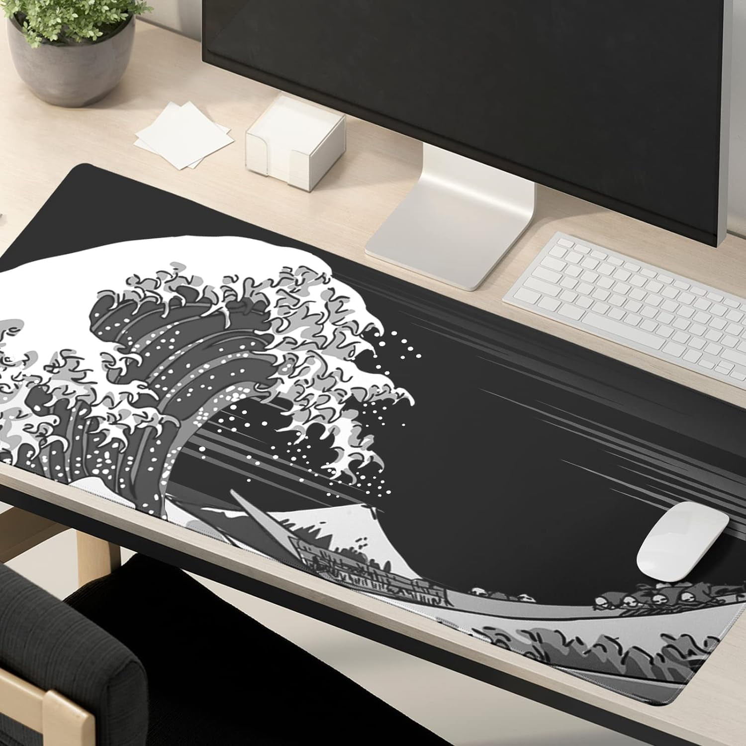 Japanese Sea Wave Large Mouse Pad Abstract Black Sea Wave Texture Mouse Pad Non-Slip Rubber Base Large Gaming Mousepad, Kanagawa Stitched Edges PC Keyboard Desk Mat for Home Office 35.4 x 15.7 Inch