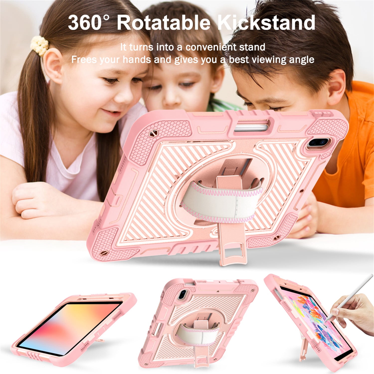 Tarise Case for Apple iPad 10th Generation 10.9 inch (2022), 360° Rotating Kickstand with Pencil Holder/ Hand Strap/ Shoulder Strap Hard PC Rugged Silicone Shockproof Bumper Stand Cover, Rosegold
