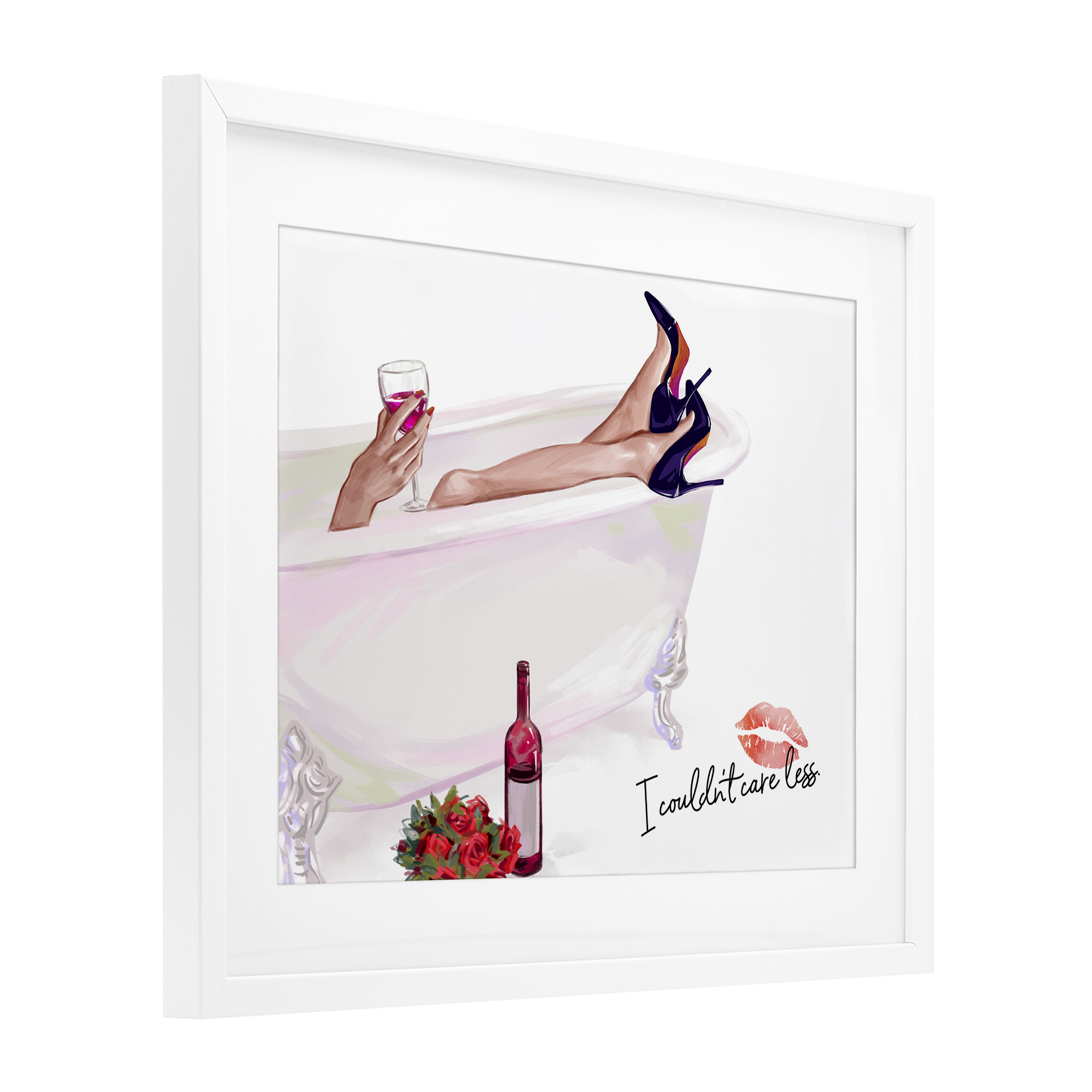 Couldn't Care Less Tub White Framed Print Under Glass, design by Ziwei Li