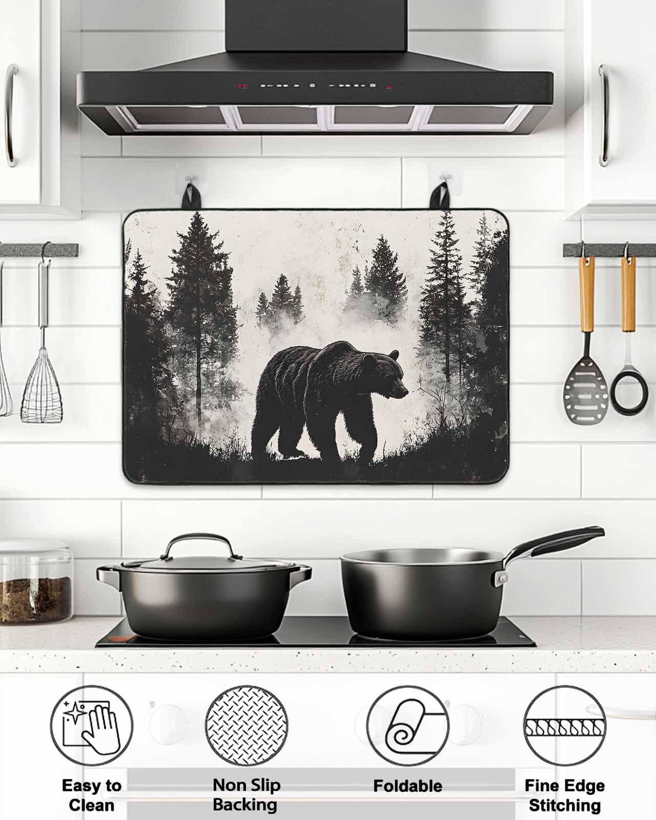 Brown Bear Forest Silhouette Stove Top Covers for Electric Stove, 28'x20'' Vintage Animal Tree Glass Ceramic Stove Cover Foldable Rubber Mat Heat Resistant Cooktop Protector for Kitchen