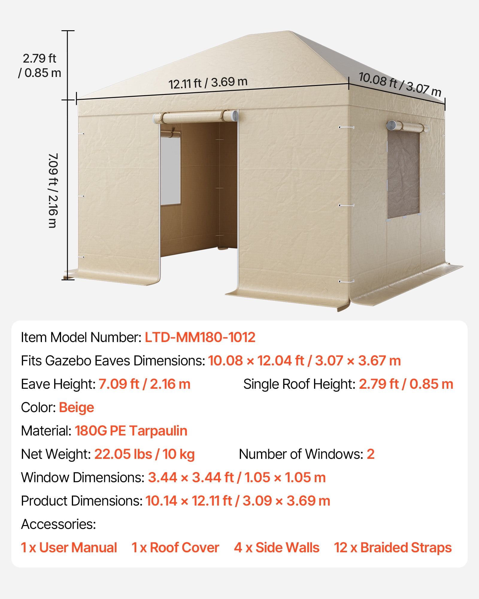VEVOR Winter Gazebo Cover Fits 10 x 12 ft Hardtop Gazebos, All-Weather Gazebo Cover with Sidewalls & Mesh Windows, High-Density PE Material, Enclosed Storage Shelter Covers, Gazebos not Included