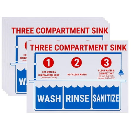 Sink Signs - 6-Pack Sink Sticker Labels, Wash Rinse Sanitize Labels for 3 Compartment Sink, Food Prep Sign in English, for Restaurant, Kitchen, Food Truck, Bussing Station, Dishwashing, 10 x 7