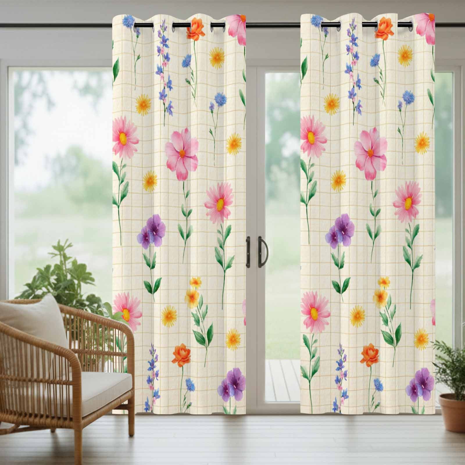 Spring Summer Wildflowers Outdoor Curtains for Patio, Pink Green Yellow Floral Plaid Sunshade Privacy Drapes Grommet Waterproof Outside Curtains for Porch/Cabana/Balcony 54"x 108", 2 Panel