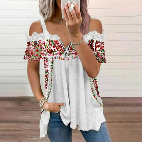 SELONE Off the Shoulder Tops for Women Y2k Short Sleeve Tops Blouses Regular Fit T Shirts Pullover Tees Tops Abstract Print T-Shirts V Neck Tops Casual Blouses Hollow T Shirts Half Zip White S