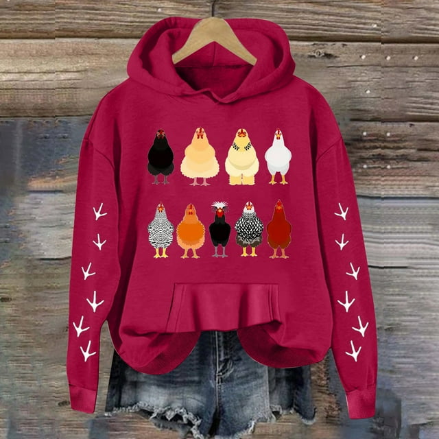 TINZ Chandail à Capuche Léger et Ample pour Femmes, Manches Longues, Imprimé Graphique de Poulet, Chandail Tunique, Chandail à Capuche avec Cordon de Serrage