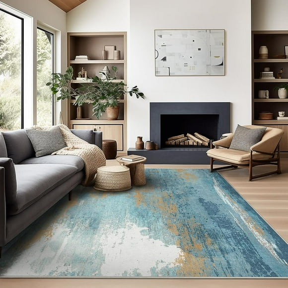 Area Vintage Boho Rugs for Living Room, Machine Washable Area Rugs with Non-Slip Backing, Indoor Rug Vintage Bohemian Area Rug Home Decor, Room Decor, 4 x 6 ft, Blue, 1 Pack