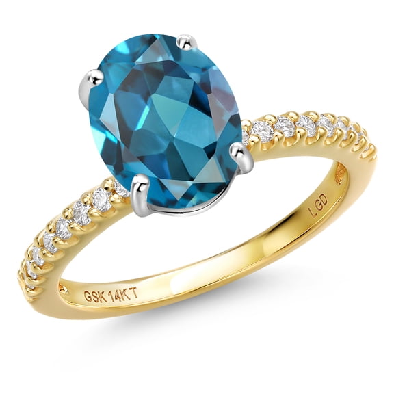 Gem Stone King 14K Two Tone Gold London Blue Topaz and Lab Grown Diamond Engagement Ring for Women | 3.16 Cttw | Oval 10X8MM | Gemstone November Birthstone | Size 8