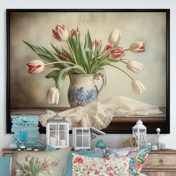 Designart "Still Life Of Tulip Bouquet VI" Tulips Floater Framed Canvas Wall Art