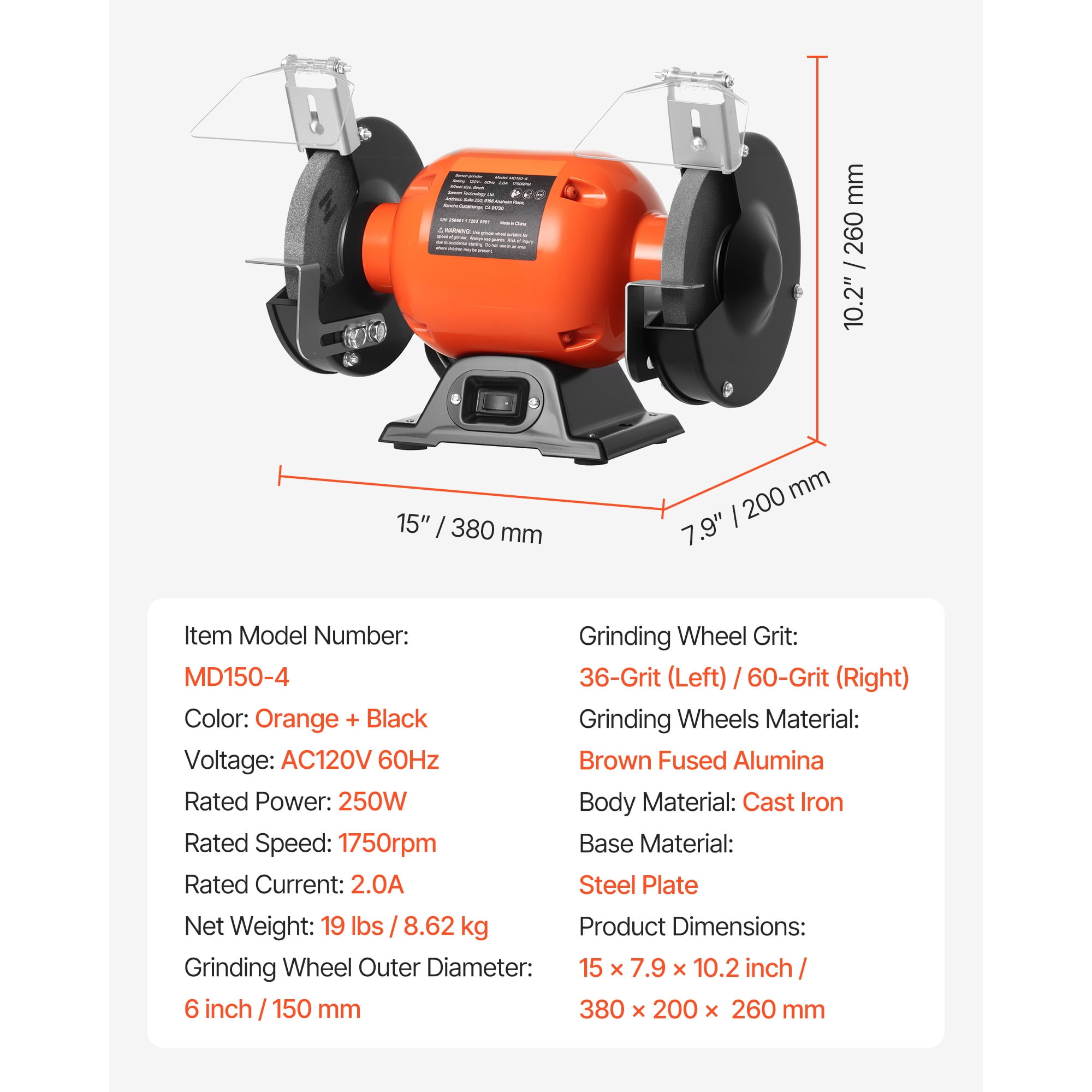 KFFKFF 6-Inch Bench Grinder, Single Speed Table Grinder with 1750 RPM, 250W Induction Motor, 36/60-Grit Grinding Wheels, and Adjustable Tool Rest for Accurate Sharpening and Grinding