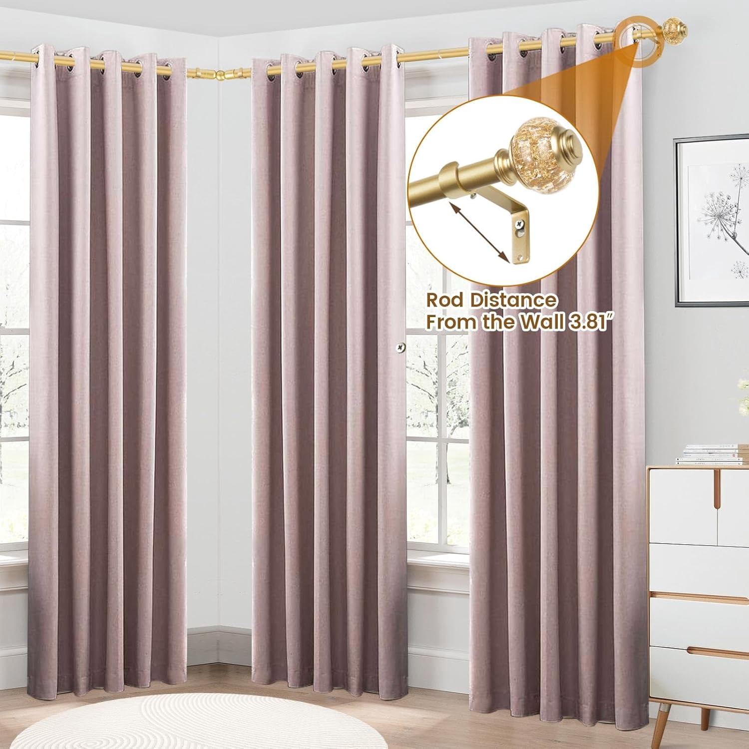 Bay Window Curtain Rods,  Gold Curtain Rods for Bay windows 32 to 86 Inch (Center Rod), 32 to 58 Inch Side Rod for windows, Decorative Drapery Rods with Bling Finials