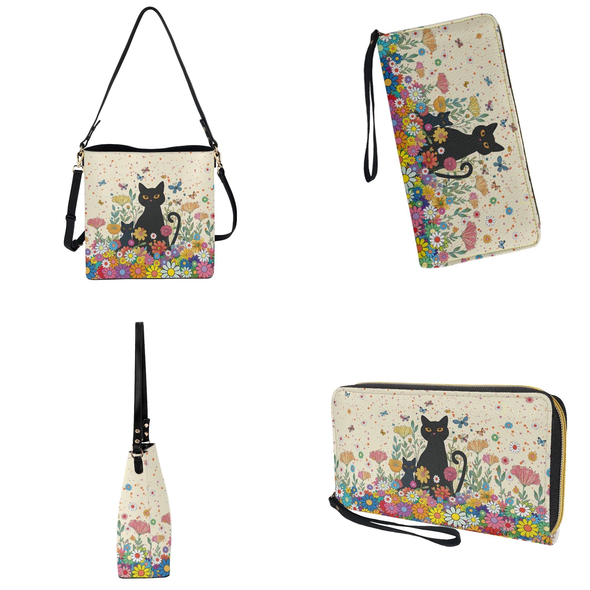 ZUXONGSY Black Cat Daisy Flower Butterfly Print Top-Handle Handbags with Purse for Women Large Crossbody Hobo Bag with Wallet Set Fashion Bucket Crossbody Bag Set for Shopping