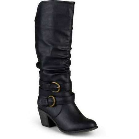 Women's Wide Calf Slouch Buckle High Heel Boots (Best Snow Boots For Wide Calves)