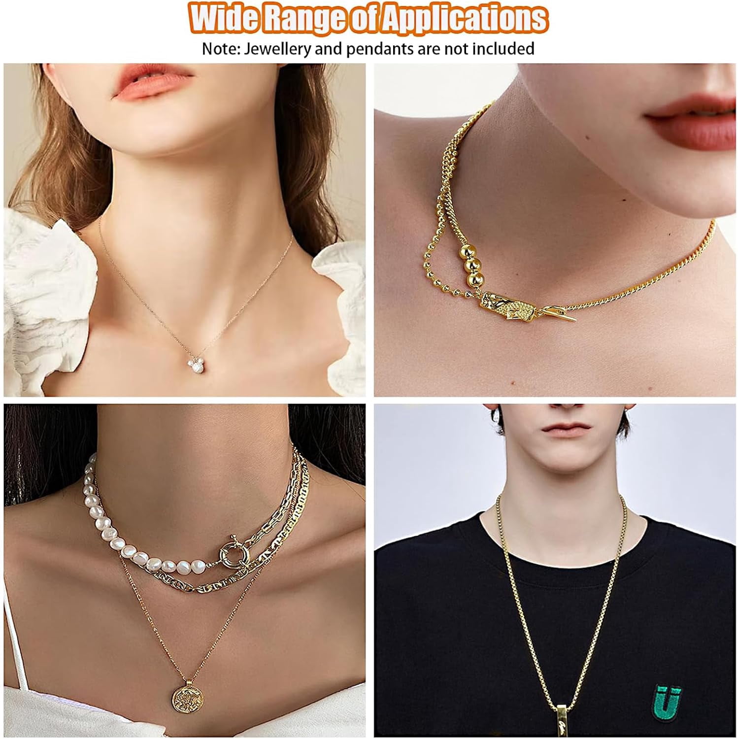 Gold Necklace Chain for Jewelry Making, 46ft 6 Style Rolled Steel DIY Jewelry Chain Roll Bracelet Bulk Link Plated Permanent for Earring Anklet Craft with Jump Ring, Lobster Clasp, Pliers