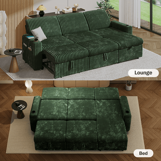 101” Detachable Mattress Sleeper Sofa with Pull-Out Mattress - L-Shaped Design, Adjustable Backrest + Reversible Storage Chaise, USB Ports/Cup Holders, Quick Assembly, Soft Green Corduroy