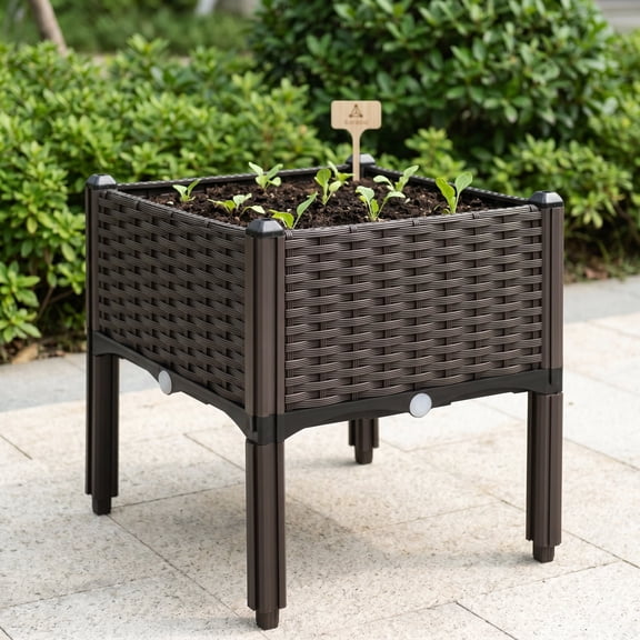 Zateety Raised Garden Bed, Self-Watering Planter Box with Legs for Patio Balcony, Elevated Plastic Planter for Flowers Herbs Vegetables, Brown