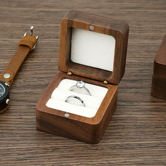 Dream Lifestyle Couple Ring Box, Wood Vintage Jewelry Case Gift Boxes for Women, Square Ring Box for Wedding Proposal Photography