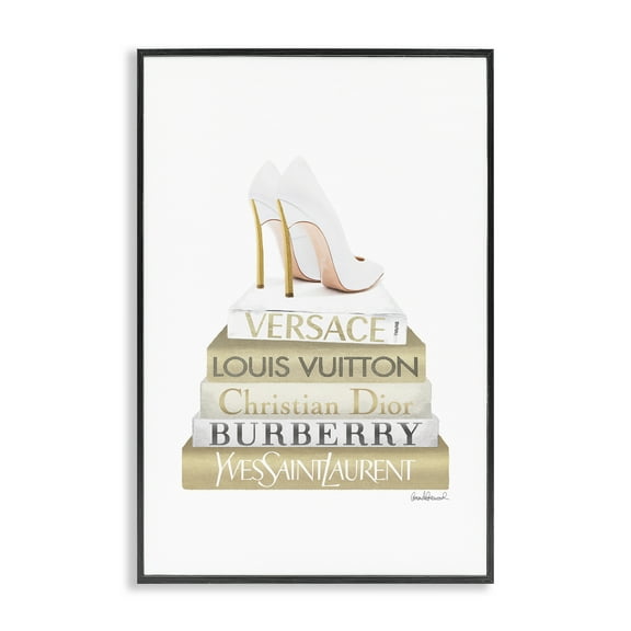Stupell Industries Gold & White Book Stack Fashion Painting Black Framed Art Print Wall Art, 12 x 18