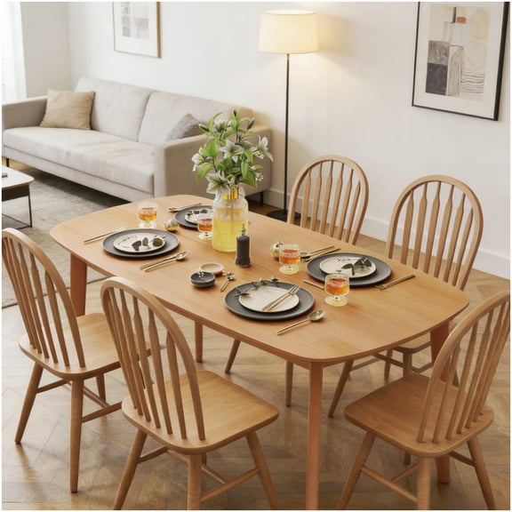 CHAMPFLAG Large Rectangular Kitchen Table, Solid Wood Dining Table with Natural Finish, Seats 6