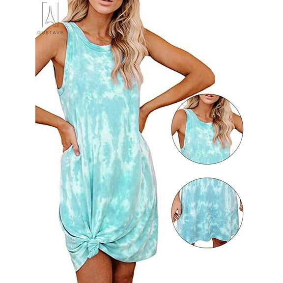 Gustave Women's Casual Tie Dye Short Dress Crewneck Sleeveless Midi Dresses Summer Loose T Shirt Tank Beach Sundress "Light Green, XL"