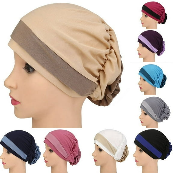 Vorkoi 1Pc Women's Adult Muslim Stretch Turban Hat Cancer Stitching Color Chemo Cap Hair Cover Loss Headwrap Head Scarf