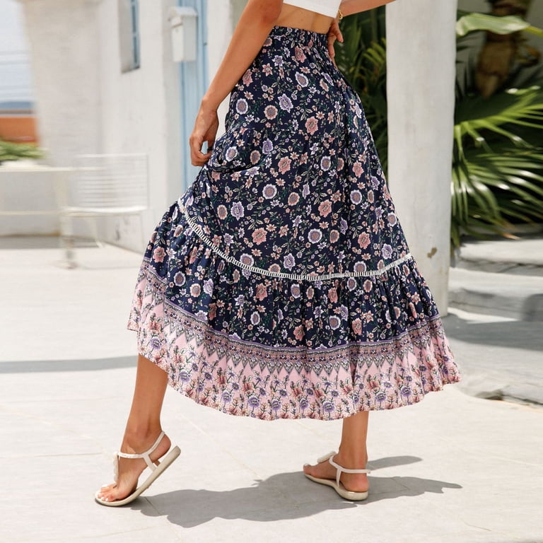 WTOBBY Women's Floral Smocked Maxi Skirt with Lace Trim and Bohemian Style,  Summer Beach A-Line Pleated Long Skirt Tube Dress, Casual Wear for ...