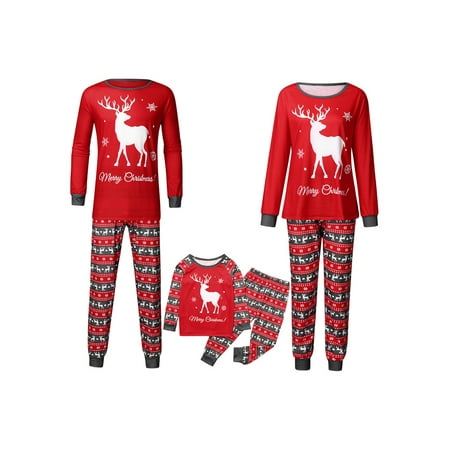 Matching Family Christmas Pajamas Set Reindeer Snowflake Print Long Sleeve Top and Elastic Waist Pants Sleepwear