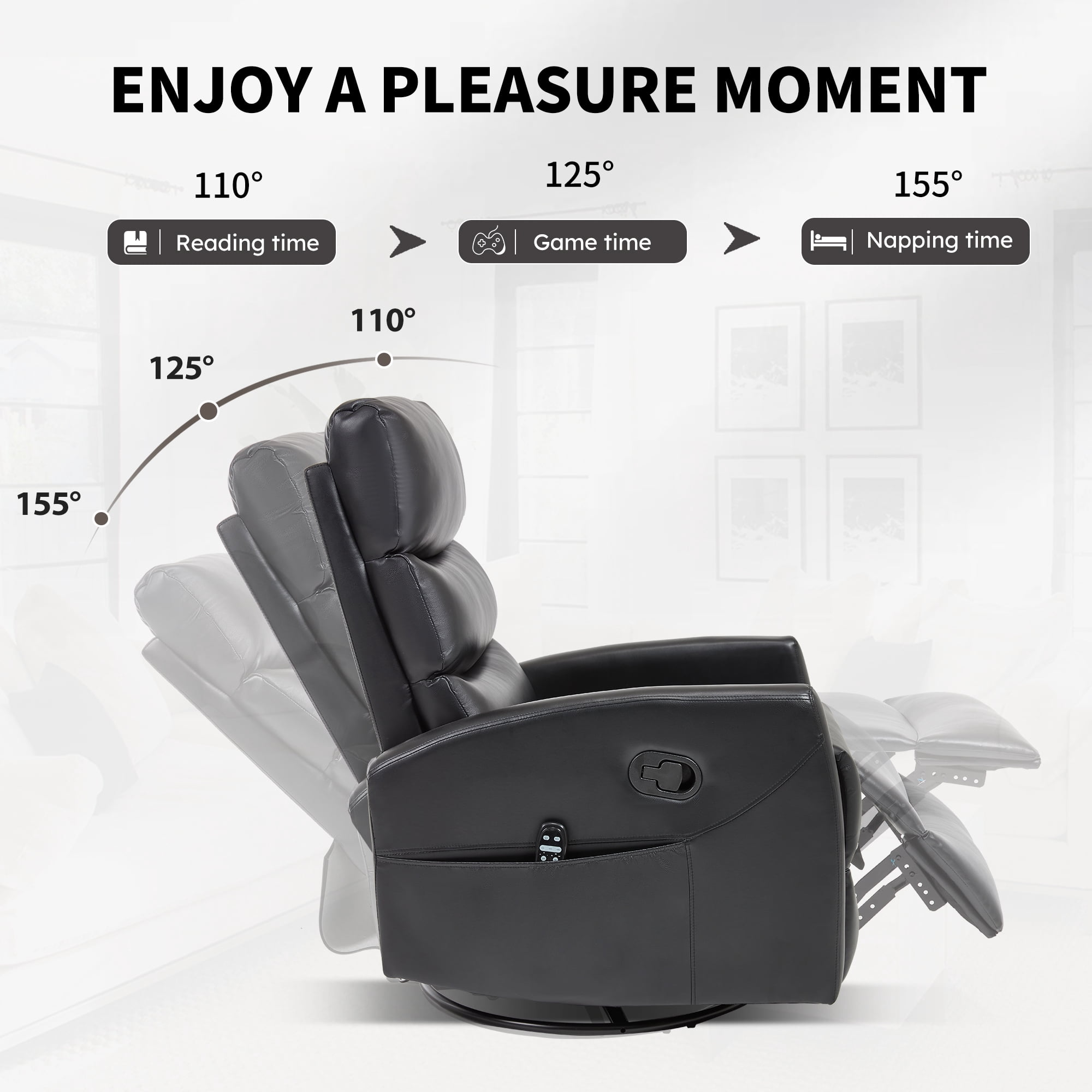 Aukfa 360° Swivel Recliner Rocking Chair with Massage and Heat for Living Room & Nursery, Leather, Black