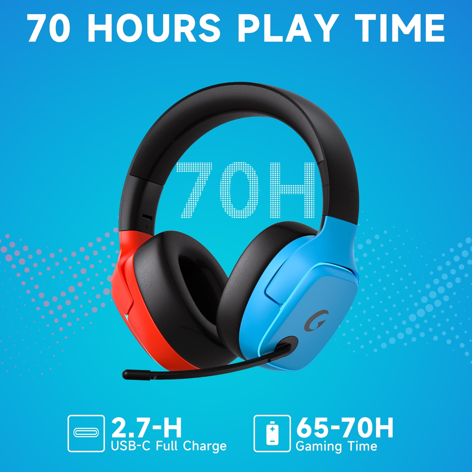 Wireless Gaming Headset 2.4GHz for PS5/PS4/PC/Switch - Bluetooth 5.3 Headphones with Noise-Canceling Mic, 7.1 Surround Sound, 70H Battery Life, RGB Lights, Foldable, Portable-Red&Blue