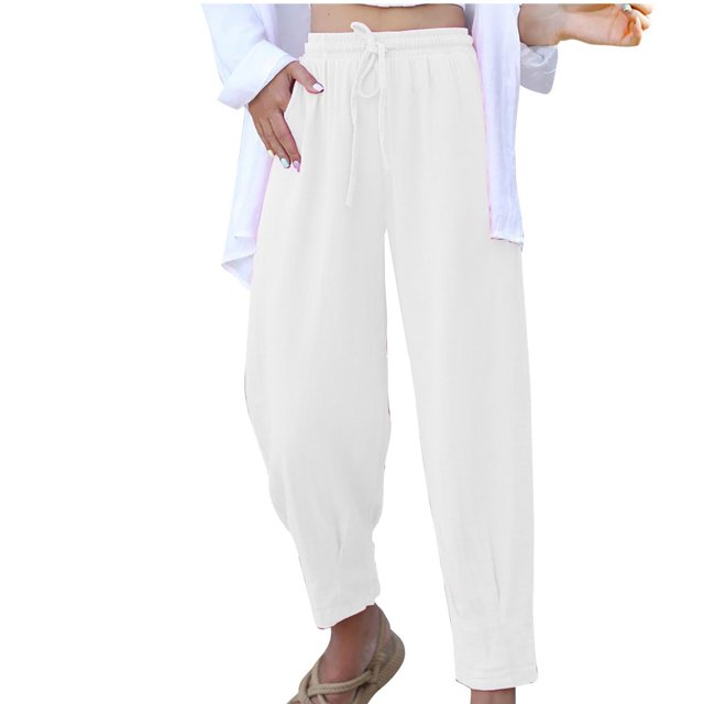 Lydiaunistar Casual Elastic Waist Long Pants for Women - Split Bandage Design Solid Pocket Full Length Stretch-Free Polyester Pants for Spring Summer Asian Fit White