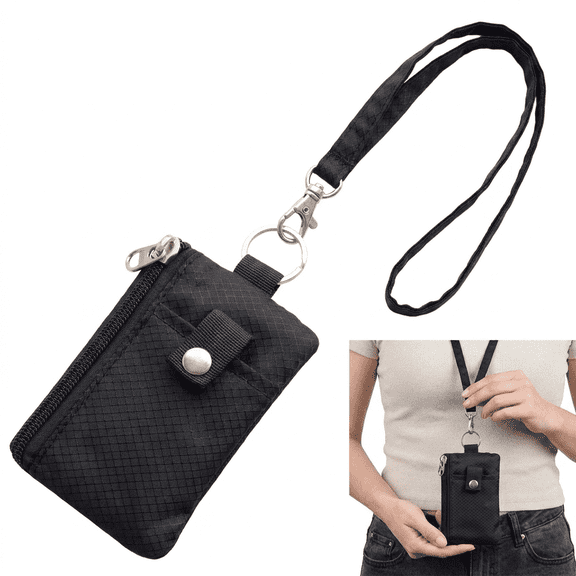 ID Card Holder, Neck Wallet, Minimalist Wallets for Women,Badge Holder with Pocket, RFID Blocking Zip ID Case, Water‑Resistant Small Wallet with Lanyard & Keychain for Cards Cash Travel for Men Women