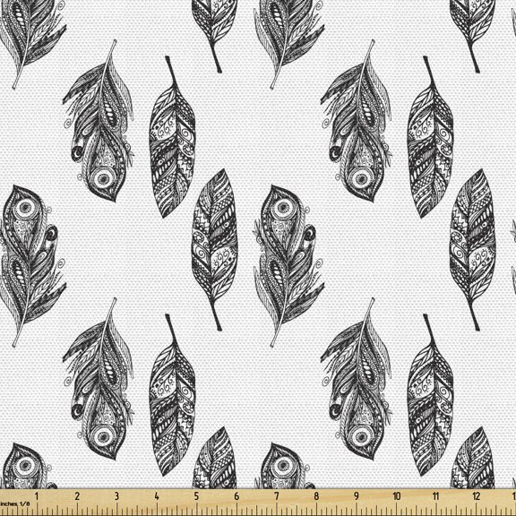 Feather Upholstery Fabric by the Yard, Hand Drawn Monochromatic Ethnic Bohemian Ornamental Peacock Plumage Composition, Decorative Fabric for DIY and Home Accents, White Black by Ambesonne