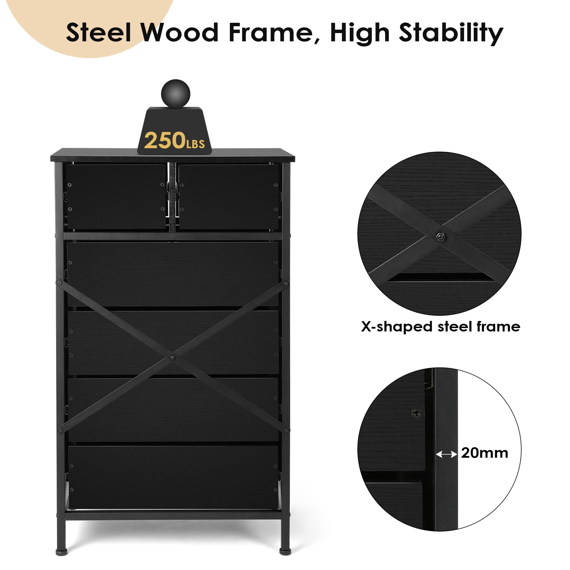 Slevoo 6 Drawer Dresser for Bedroom, Storage Cabinet Wooden Dresser, Steel Wood Frame, 42.1''H Black