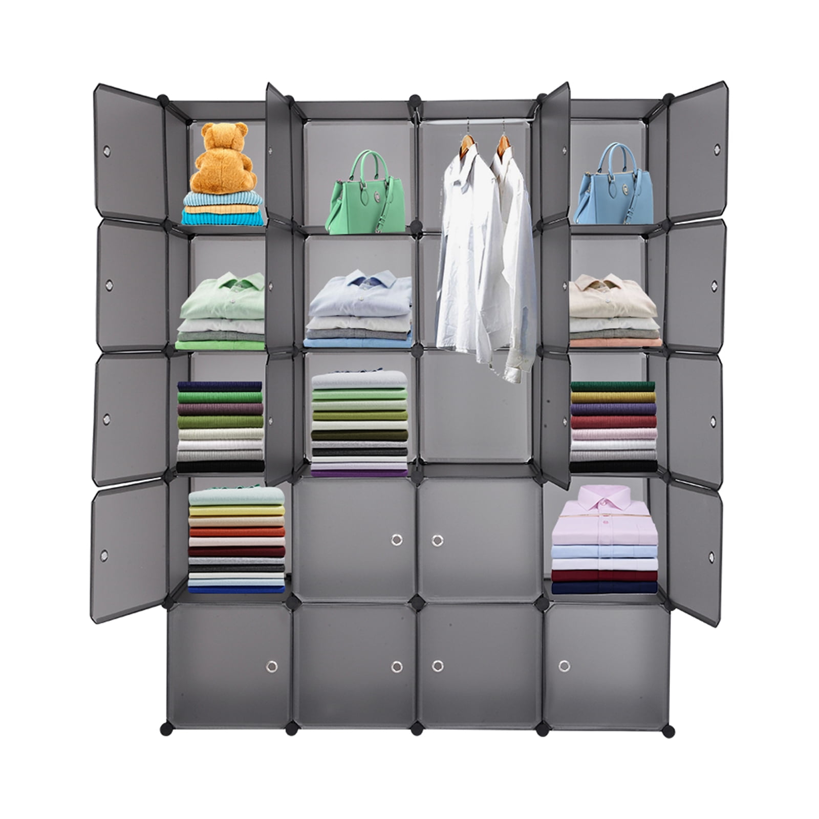 20 Cube Organizer Stackable Plastic Cube Storage Shelves Modular Closet Cabinet with Hanging Rod. Gray